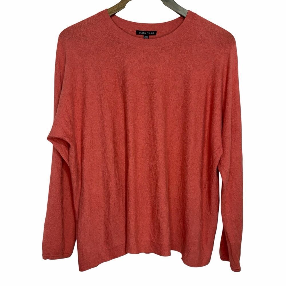 Eileen Fisher Organic Linen Blend Top size Medium Coral 3/4 Sleeve Stretch